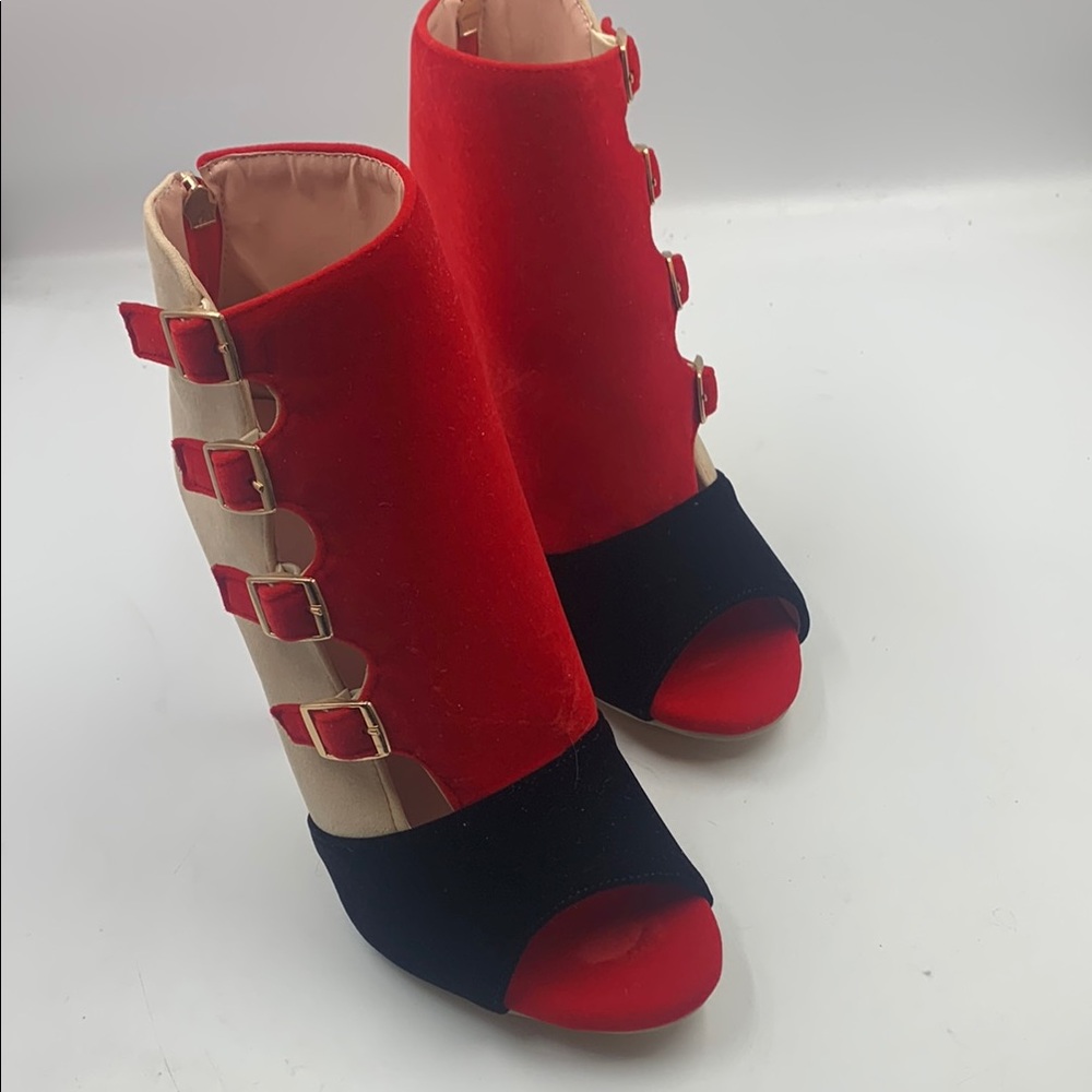 Red and Black Heeled Boots with Strappy Design